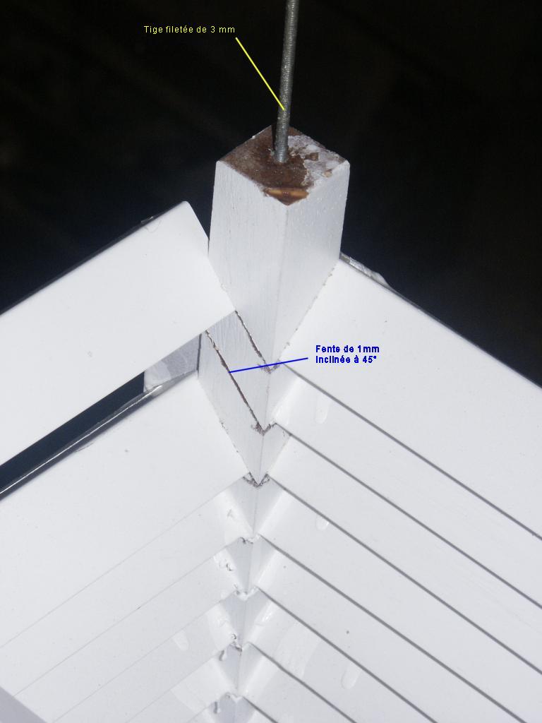 Abri météo à doubles persiennes et double toit. La sonde de la WS3600 est  fixée sur un support en bois, posé sur le plancher